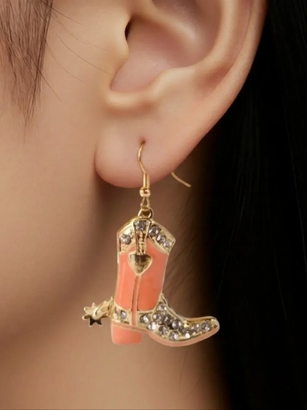 Tangerine Cowboy Boot Earrings Rhinestone Western Cowgirl Jewelry Rodeo Glam